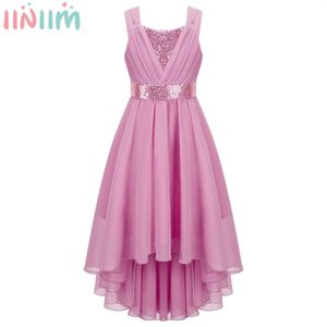 Girl's Dresses Kids Girls Elegant Chiffon Ruched Party Dress Shiny Sequin Sleeveless Hi-lo Hem Maxi Ball Gown Princess Wedding Birthday Dress 231114