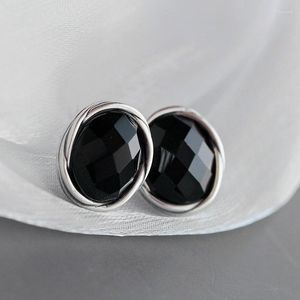 Studörhängen Autentisk 925 Sterling Silver Lady Retro Style Charm inlaid Black Agate Oval Earstuds Concise Trendy Jewelry Gift