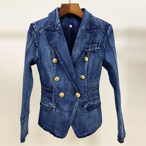 2023 Fashionable double breasted lion button washed denim suit slimming women jacket 1115