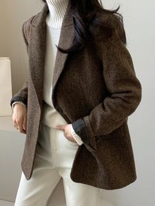 Casacos de lã de pele sintética femininos grossos e quentes moda coreana jaquetas pesadas high-end versátil outono e inverno preto tweed terno feminino casaco 231115