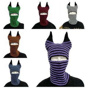Cycling Caps Masks Cow Horn Knitted Hat Letter Cap Stripe Versatile Headscarf Multifunctional Fashion Riding Mask Winter Scarf 231114