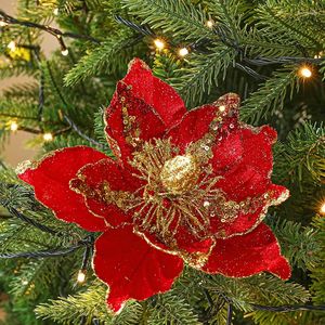 Decorative Flowers 1pcs Christmas Red Gold Bling Flower Heads For Noel Home Tree Decorations Navidad Party Table Setting Decor Supplies