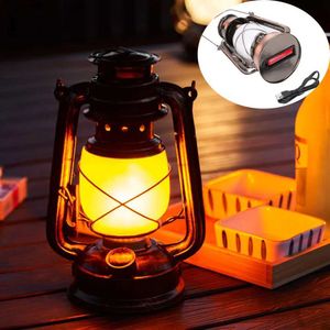 Lanterna da campeggio Lanterna da campeggio vintage LED Fiamma Luce Batteria ricaricabile USB Gancio portatile Lampada da pesca Oscuramento per tenda da giardino esterna Q231116