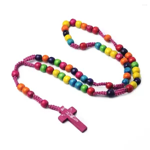 Pendant Necklaces Catholic Colorful Rosary Necklace For Women Crucifix Cross Wood Beads Braided Rope Chain Men Religious Prayer Jewelry