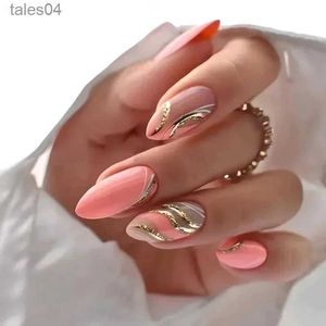 False Nails 24Pcs Finished False Nails Detachable Long Almond Fake Fingernails French Pink Wave Line Designs Press on Nails Manicure Tips YQ231115