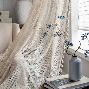 Curtain Boho Chic Crochet Geometry Sticked Windows Farmhouse Retro Beige Drape Simi Sheer For Bedroom Living Room TJ7036 230414