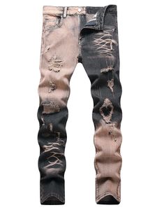 Gray Hole Men's Jeans Slim-Fit Straight Ripped Pants Spring Summer Distressed Destroyed Cotton Denim Trousers 28-40