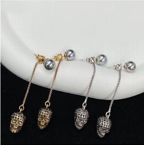 Dangle & Chandelier High Quality Fashion Jewelry Popular Brand Black Pearl Water Diamond Long Chain Skull Head Earrings Retro 925 Silver