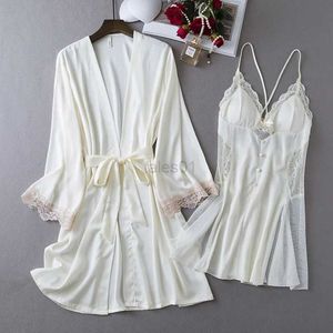 Kadın Uyku Salonu Yaz Saten Kimono Batrobe Elbise 2pcs Uyku Seti Gelin Düğün Elbise Takım Elbise Düzenli Kadınlar Dantel Nightdress Placwear Homewear ZLN231115