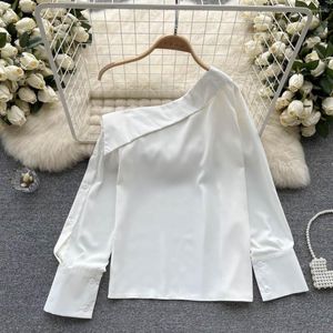 Женские блузки весна 2023 Сексуальное диагональное плечо шикарное атласное атласная рубашка женская модная мода повседневные блузки Blusas de Mujer K005