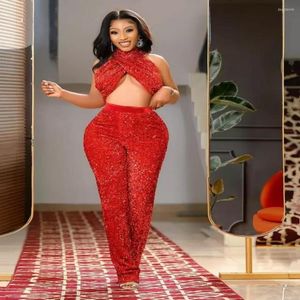 Party Dresses 2023 Plus Size Arabic Aso Ebi Red Sequined Jumpsuits Prom High Neck Backless Evening Formal Two Pieces klänningar