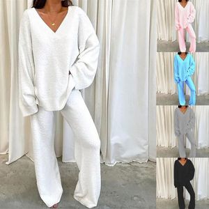 Women's Two Piece Pants Autumn Winter 2 Piece Sets Pajamas V Neck Split Tops and Wide Leg Jogging Pullover Top Suits Home Wear 231114