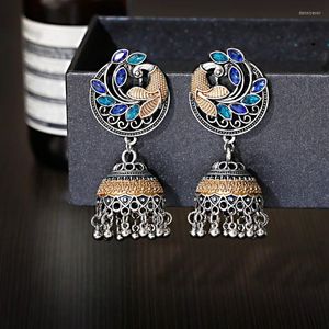 Orecchini pendenti da donna etnici blu pavone tacchino bijoux vintage Bollywood color argento campana nappa gioielli della tribù