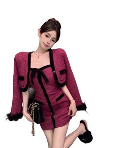 Women's ostrich fur cuff long sleeve tweed short jacket and spaghetti strap dress 2 pc suit SML