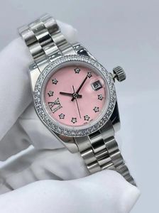 Ny damer rosa diamantklocka 28mm automatisk mekanisk rostfritt stål fodral remsur