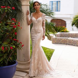 Long Sleeve Mermaid Wedding Dresses Modern New Romantic Gorgeous Beading Lace Princess Bridal Custom Made Appliques See Through Backless Boho Wed Gown 403