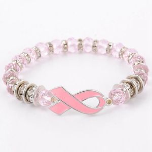 Strand Breast Cancer Awareness Beads Bracelets Pink Ribbon Bracelet Glass Dome Cabochon Buttons Charms Jewelry Gifts For Girls Women Beaded