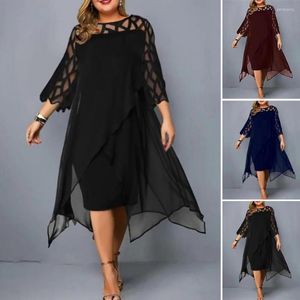 Casual Dresses Party Dress Hollow Out Lace Irregular Hem Women See-through Crew Neck Dress-up Three Quarter Sleeves Autumn