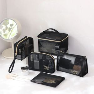 Bolsas de cosméticos Bolsa de malla portátil de gran capacidad Bolsa de maquillaje de nailon negro transparente Estuche de almacenamiento de viaje Organizador de artículos de tocador 231115