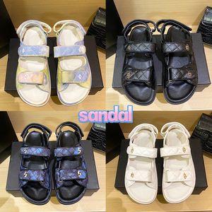 With Box cnel sandals 22SS Interlocking Straps Quilted Flat Sandals multi-color fabric white black leather chain inter locking beach slippers luxurys womens slides