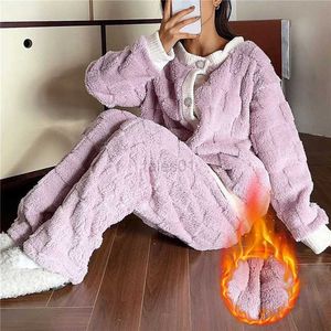 Donne femminile Sleep Lounge inverno in flanella calda set da pigiama a lungo manica lunga per donne velluto di corallo cartone da sonno di abbigliamento da sonno carino abito da casa per il pigiama Zln231115