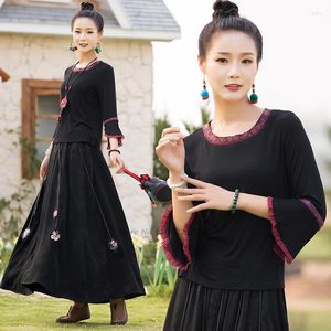 Ubranie etniczne 2023 National Flower Hafdery O-Neck Hanfu Tops Style Women Vintage Harajuku Elegancka żeńska koszulka Oriental Tang Suit