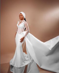 2024 ASO EBI ARABIC MERMAID DEATSES مع Long Tail Lace Stain High Dist Long Sleeve African Bridal For Gown for Women