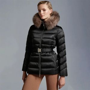 Women's Down Parkas Winter Down Jacket 2023 Korea Fashion Belt Slim Fit Hooded Feather Coat Natural Päls krage Rockar Tjock 231115