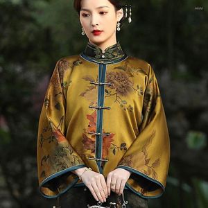 Этническая одежда Cheongsam Women Plus Size Tops 2023 Шелковые атласные принты сплайсинга воротнич