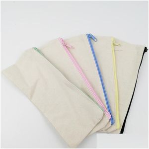 Sacos de lápis atacado 21x9cm diy lona branca em branco zíper lápis caneta sacos de papelaria casos de embreagem organizador saco de armazenamento de presente dr dhm8m