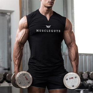 Tanques masculinos MuscleGuys Brand Gym Clothing V Neck de pescoço Camisa sem mangas da fitness Mens de algodão superior Customonding Top Treping Colet 230414