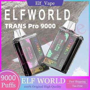 Original Elf World Trans Pro 9000 Puffs elektronischer Zigarettenvolden Vape Stift 15ml Einweg -Artikel ElfWorld 750mAh wiederaufladbarer Akku -C -Mesh -Spulen 10 Aromen verfügbar 9k