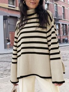 Swetry damskie Czarno -biały w paski sweter streetwear luźne bluzki Kobiety pullover skoczek skoczek z długim rękawem Turtleeck Knitted Sweters 231115