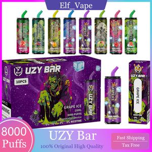 Original Uzy Bar 8000 Puffs Einweg elektronische Zigaretten Vape Vape Stift 13ml 650 mAh wiederaufladbarer Batterie -C -Mesh -Spule 10 Aromen 0% 2% 3% 5% verfügbar 8k Puff