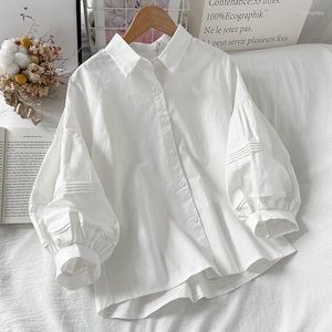 Blouses femininas Summer Buff Sleeve White Womens Tops Tops elegantes escritório de trabalho Botão de lapela blusa coreana Moda casual Camisas