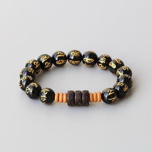 Strand 10mm onyx snidade gyllene pläterade sex riktiga ord stretch armband mantra kokosnötskal ge fred och hälsa för män