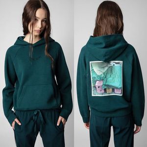 Autumn and Winter 23 Zadig Voltaire Women's Hoodies Sweatshirts Photo White Ink Digital Printing with Hot Diamond Brushed Women's Hoodie