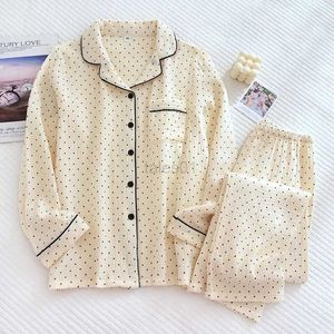 Kvinnors sömn lounge vår höst nya damer pyjamas set polka dot print sömnkläder 100% bomullsgasvävstäng krage långärmad byxor hem bär zln231115