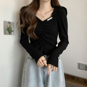 Pleated Short Sexy White Shirt Tops Female Spring Office Casual Blouse Shirts Women Puff Sleeve Solid V-Neck Blosues 12961 210508