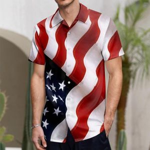 Camisetas masculinas Blusa de verão Casual Men masculino Bandeira de lazer 3D Botão de impressão digital lapela de manga curta Camisa utilitária