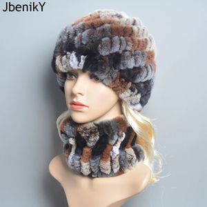 Hats Scarves Gloves Set Knit Real Rex Rabbit Fur Hat Scarf Natural Warm Winter Lady 231114