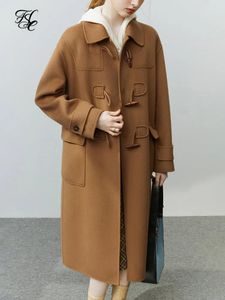 Women's Fur Faux Fur FSLE 100% Wool Double-sided Woolen Horn Button Coat Temperament Camel Mid Length Straight Coat Office Lady Polo Neck Wool Jacket 231115