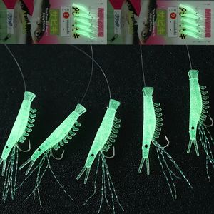 Fishing Hooks 5pcs Luminous Soft Shrimp Hook Lure Bait Simulated Fish Skin String Mackerel Barbed Bass Cod Lures Sea 231115