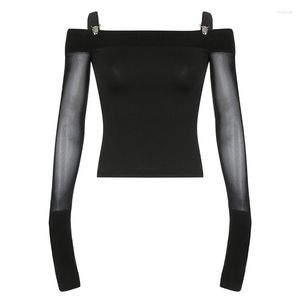 Women's T Shirts Women Rib Knit Trim Tee Tops Mesh Long Sleeve Cold Shoulder Suspender Clips Harajuku Gothic Bodycon Pullover T-Shirts