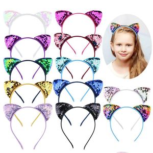 Headbands 12pcs glitter lantejoulas gato orelha menina hairband headband cabelo hoop para meninas mulheres bandas halloween cocar gota entrega jóia dhlan