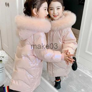 Down Coat New Winter Down Cotton Jacket Girls Glossy Päls krage Huvbeläggning Barn Ytterkläder Kläder Teenage 5-14y Kids Parka Snowsuit J231115