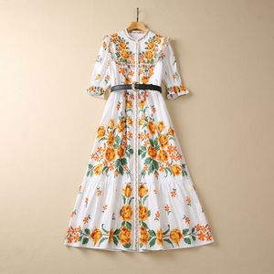 Casual Dresses European and American women's clothes 2023 spring new Five-point sleeve stand-up collar floral print Fashion Belt Dress XXL