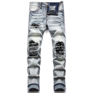 Jeans masculinos homens motociclista streetwear paisley bandana impressão remendo estiramento calças jeans retalhos buracos rasgados magro em linha reta calças pretas 231113