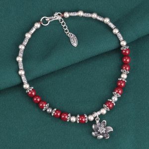 Anklets Ethnic 925 Sterling Silver Round Tube Liten Flower Anklet Fotkedja Kvinnor Vintage Vermilion Bead Ankle Armband Fot smycken 231115