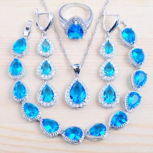 Halsbandörhängen Set Amazing Present Blue Crystal Silver Color Costume Smycken för kvinnor Armband Pendant Ring QS0182